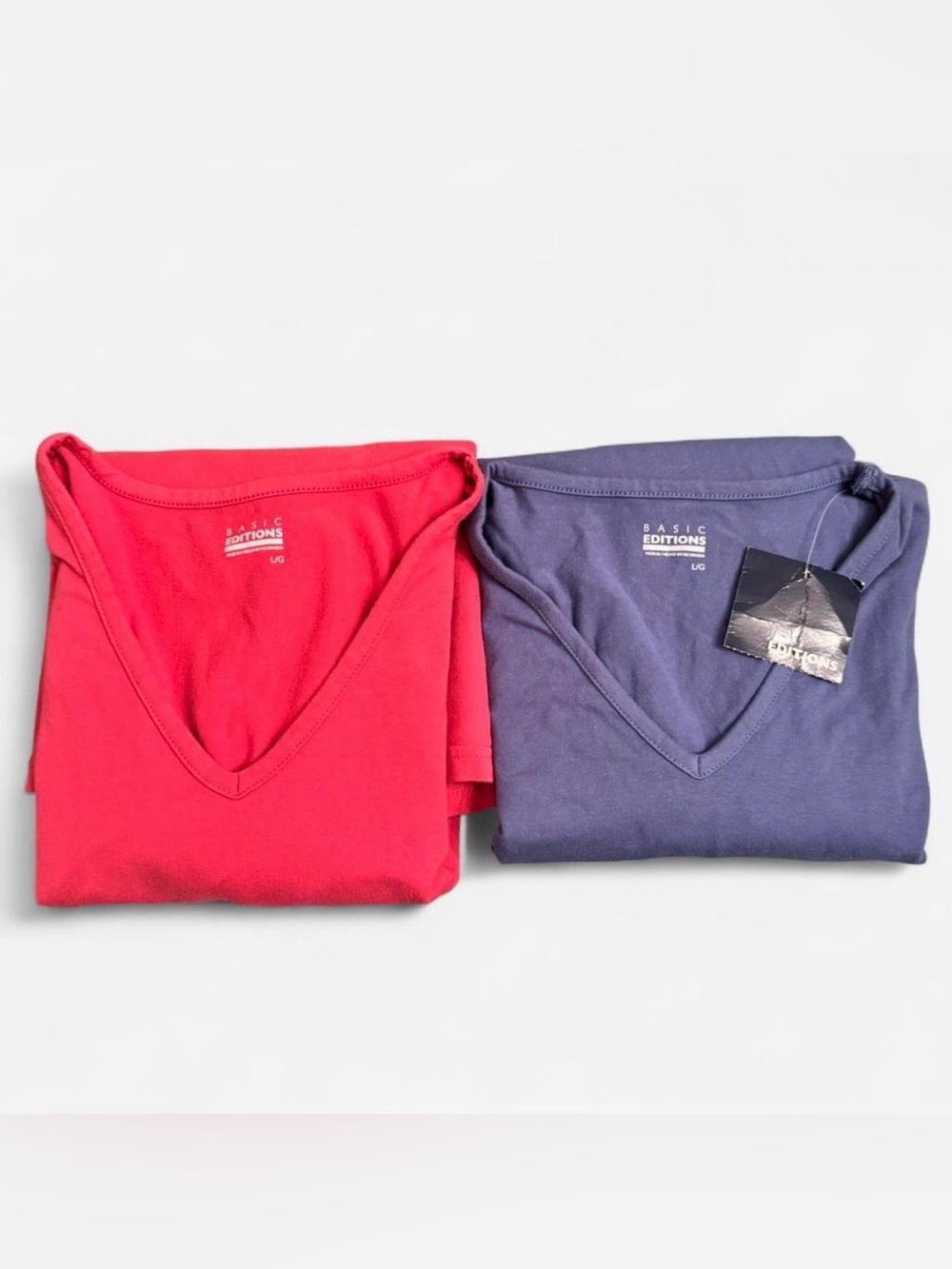 Basic Editions V-Neck Tops Bundle Womens L Blue & Pink Long Sleeve Modern Tee